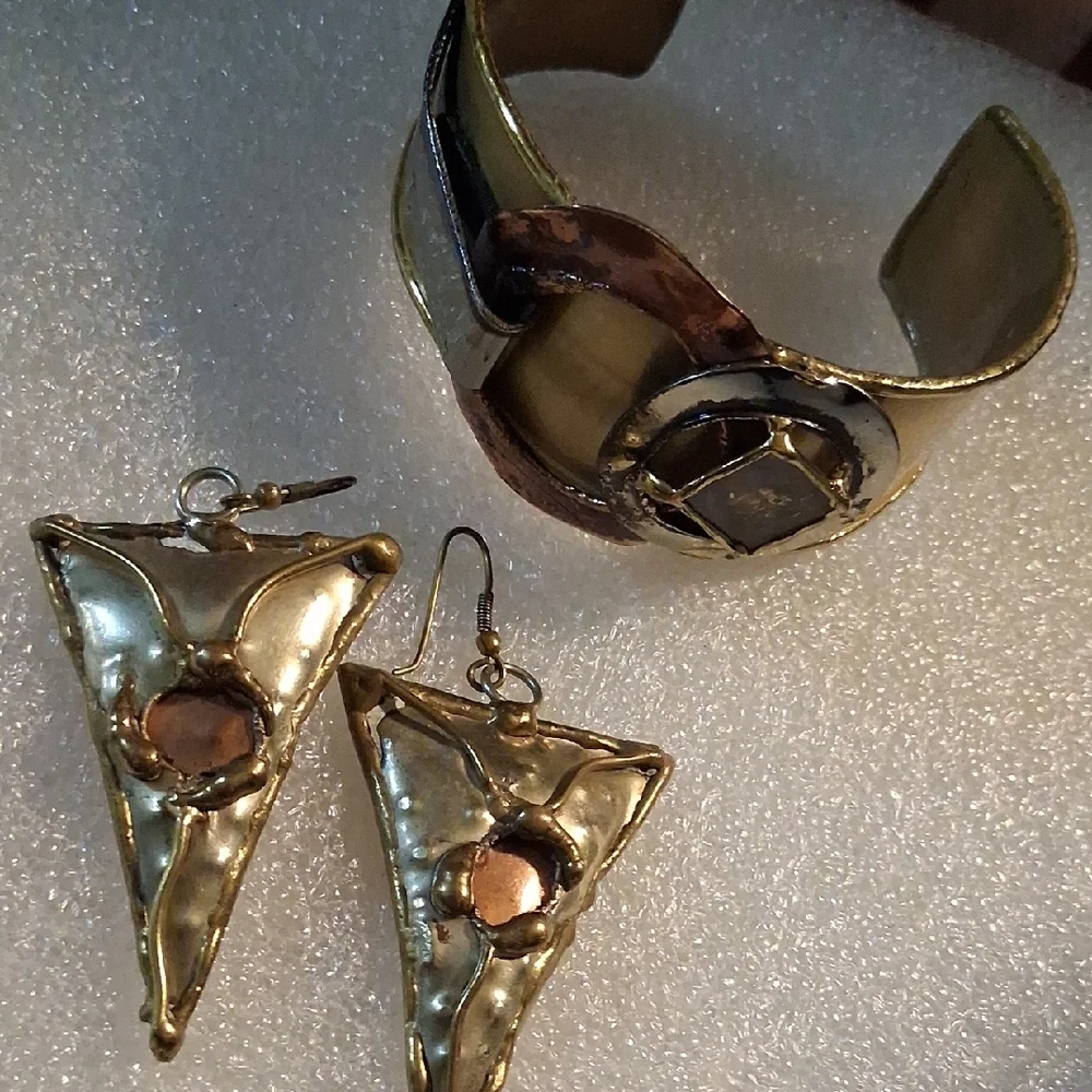 1970s Artisan Brass Copper & Silver. Geometric Cuff Bracelet W Matching Earrings - Picture 10 of 10